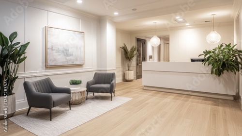 A stylish doctor office reception with soft lighting, gray chairs, a white backdrop, and classic oak flooring. photo