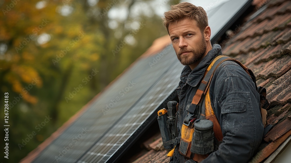 Rooftop solar installer, autumn day, focused gaze Rooftop solar installer, autumn day, focused gaze