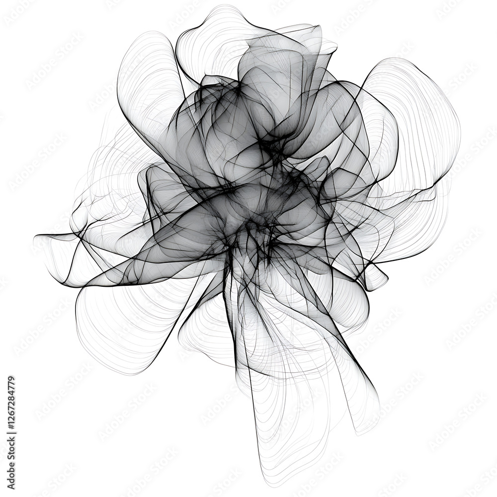 Abstract Neural Network Structure in Flowing Lines of Light and Shadow on a White Background