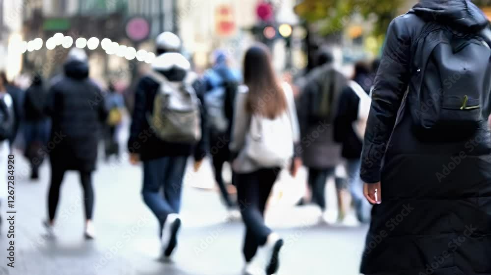 Crowd of people walking slowly in a city street during the day with a soft focus effect Crowd of people walking slowly in a city street during the day with a soft focus effect