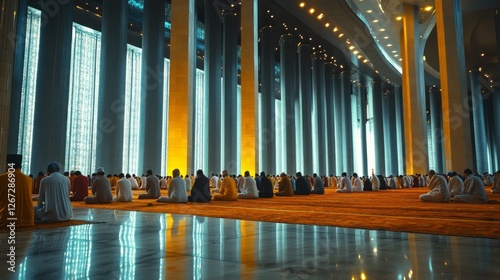 A large group of Muslims gather in unity for prayer inside Istiqlal Mosque, Jakarta, surrounded by stunning architecture and a tranquil atmosphere photo