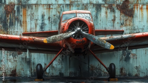 Rusty vintage airplane in a weathered hangar photo