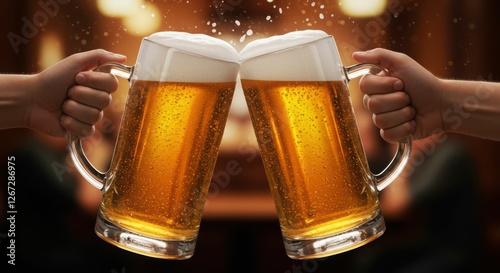 Two hands clinking beer mugs with foamy lager in a warm pub setting