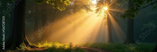Morning sunbeams filter through forest canopy, misty, trees, glow