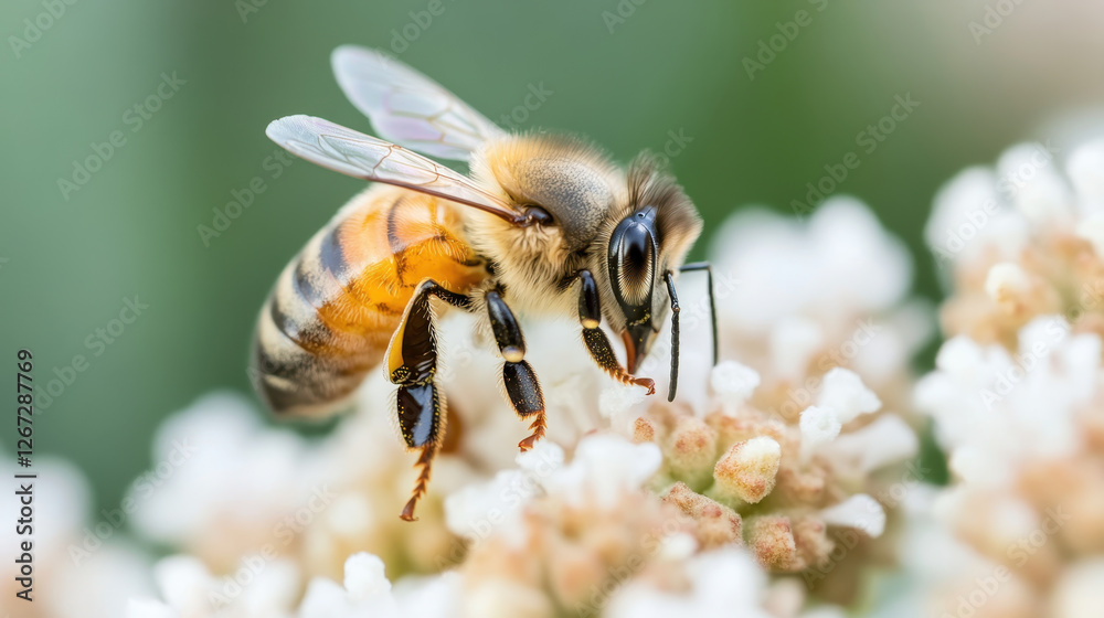 Close up of bee pollinating white flowers in garden, showcasing nature beauty and importance of pollinators Close up of bee pollinating white flowers in garden, showcasing nature beauty and importance of pollinators