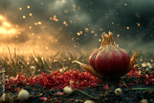 Gleaming Harvest, A Single Onion Bathed in Golden Hour Light