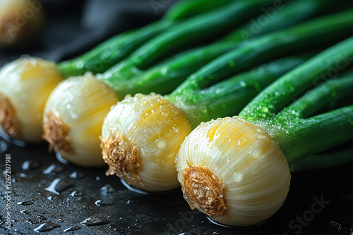 Fresh spring onions glistening with water droplets on a dark surface