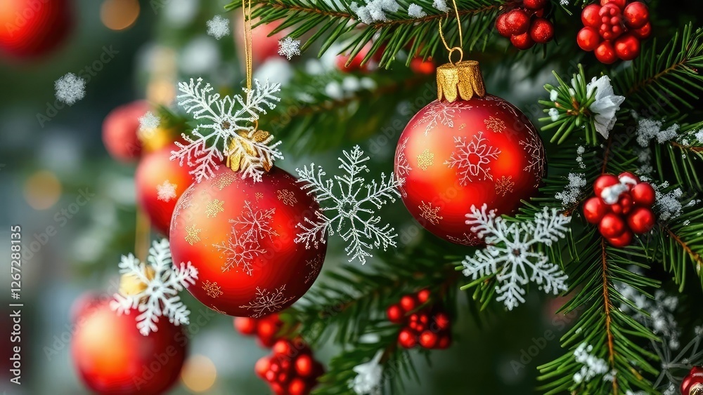 Fototapeta premium intricate snowflakes land on golden red glass ornaments on a fir branch, foliage, fir