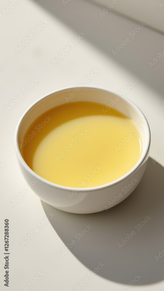 A white bowl filled with golden yellow liquid on a light-colored surface. A white bowl filled with golden yellow liquid on a light-colored surface.