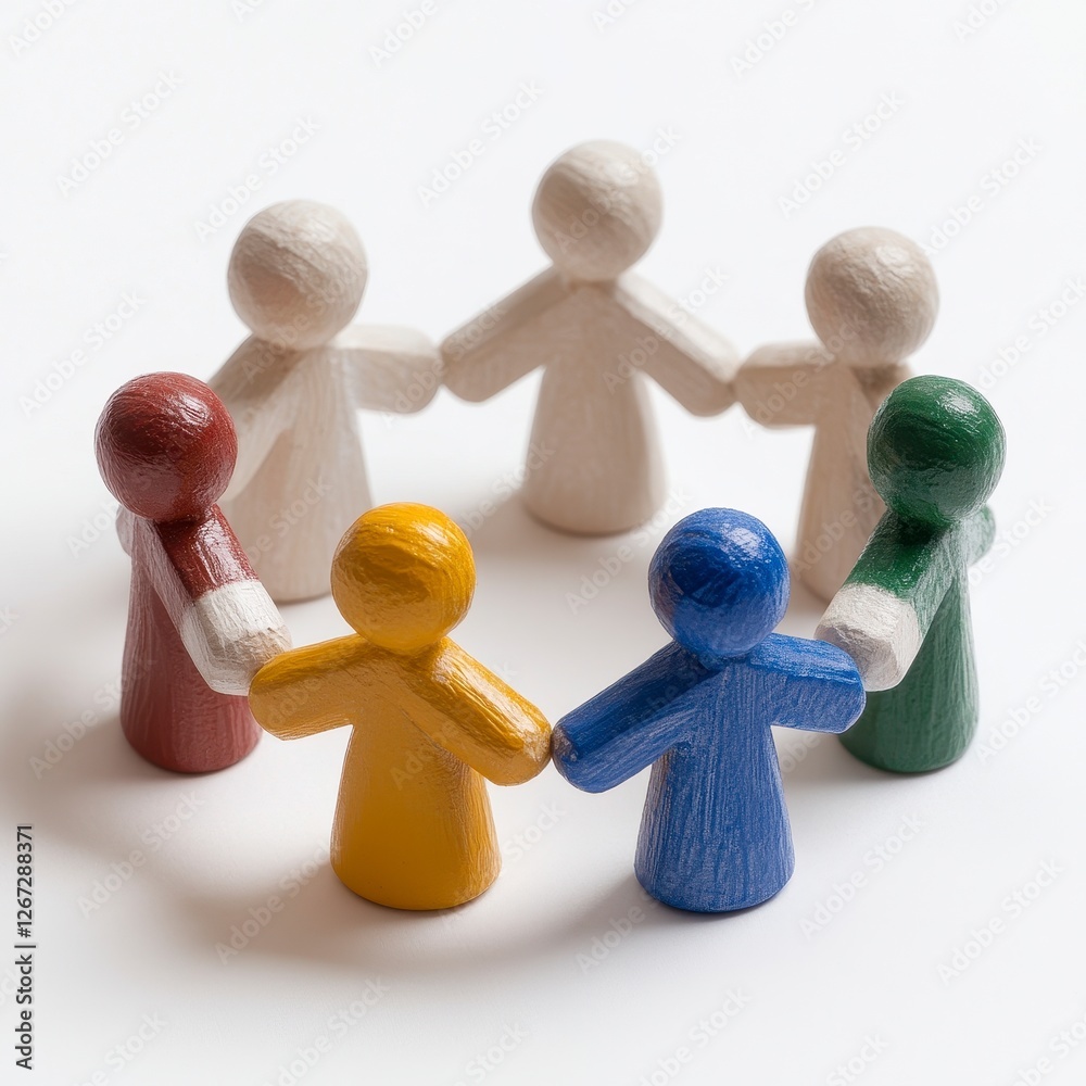 Obraz premium Colorful Wooden Figures in a Circle Holding Hands