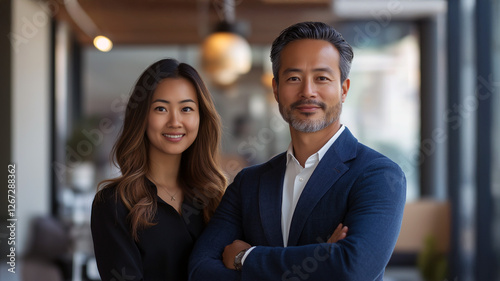 A happy, multi-ethnic business couple standing confidently with arms crossed in a modern professional office setting. Their pose exudes confidence, collaboration, and professionalism 