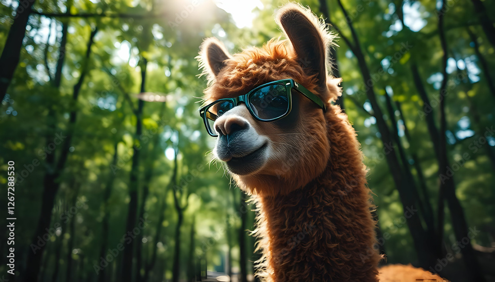 Obraz premium Alpaca with sunglasses enjoying sunlight in the greenery forest