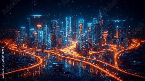Futuristic Cityscape in Isometric View with Glowing Lights at Night Depicting a Modern Urban Architecture and Digital Illumination in Blue and Orange Colors