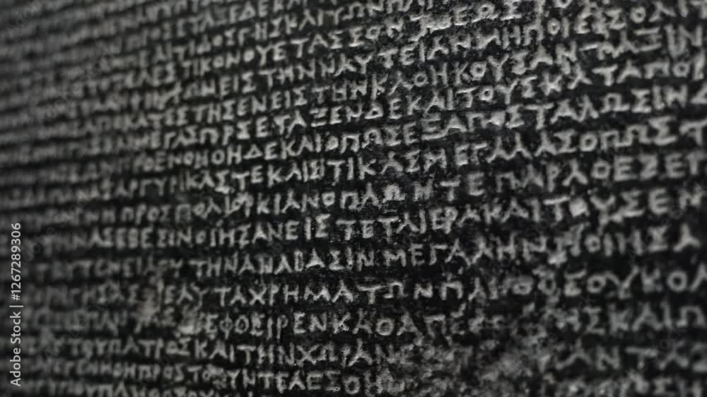 The Rosetta Stone, ancient stele inscribed with three scripts, key to deciphering Egyptian hieroglyphs. Macro close-up footage. Exhibit in museum.