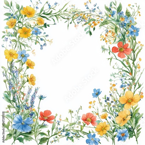 Vintage Square Frame Adorned with Watercolor Meadow Blooms - A Botanical Background for Summer and Spring Celebrations
