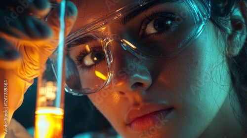 Focused Scientist Conducting Experiment with Test Tube and Liquid photo