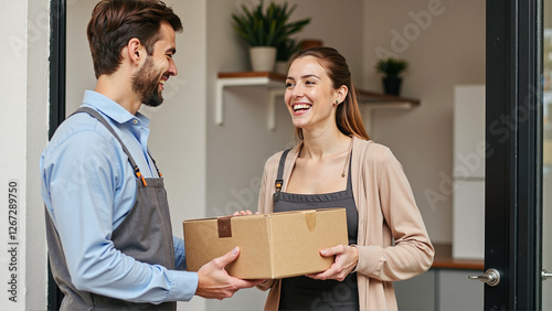 Happy Online Shopper Receiving Delivery at Home Doorstep