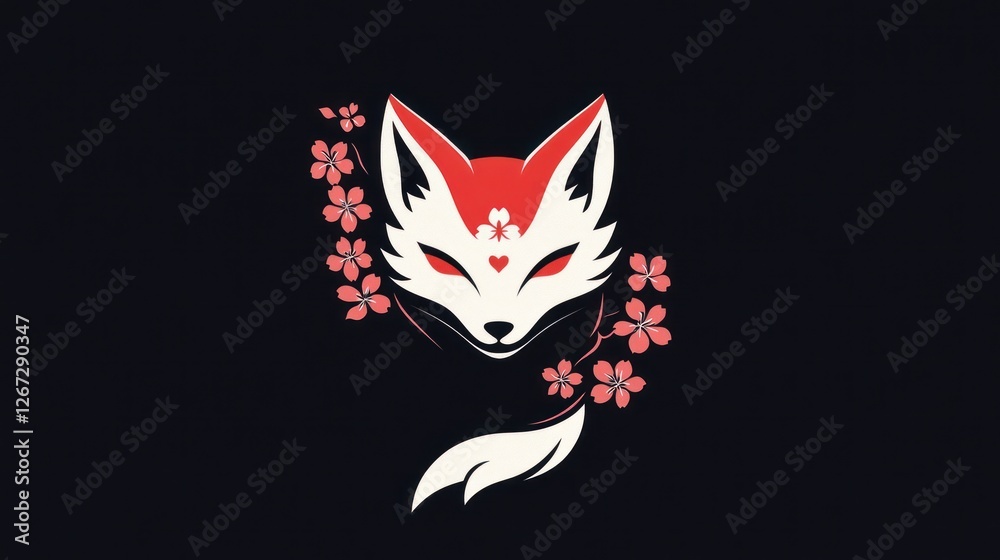 Fototapeta premium Minimalist fox head icon with blossom branches, against dark backdrop, perfect for logo design or decoration