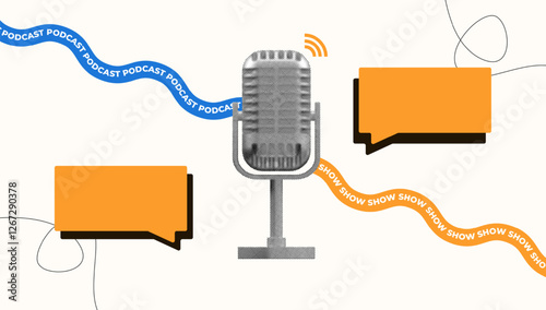 halftone collage, Podcast and talk show concept with a vintage microphone, speech bubbles, and dynamic wave elements. audio streaming, interviews, and digital broadcasting. Modern podcast branding