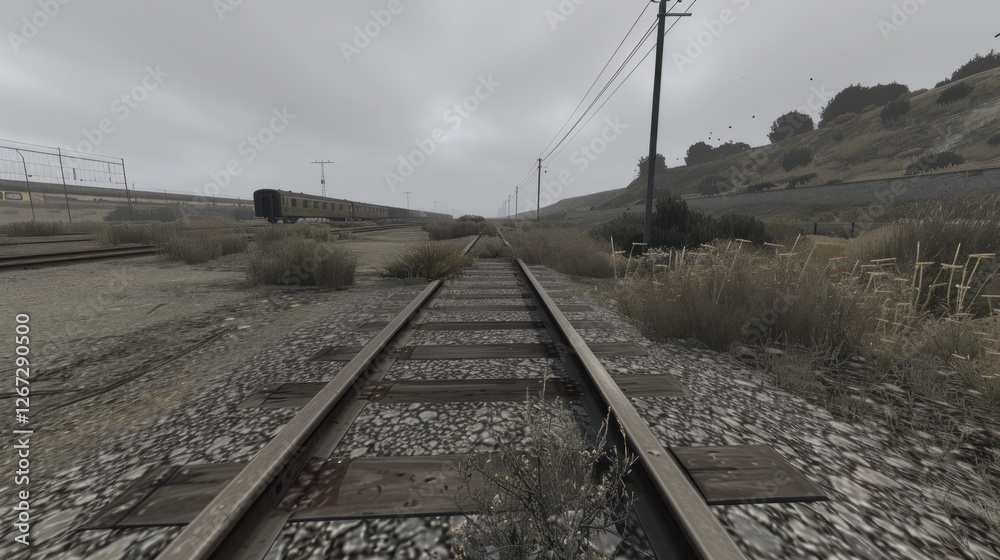 Obraz premium view of disused railroad tracks decorated with grass and clouds