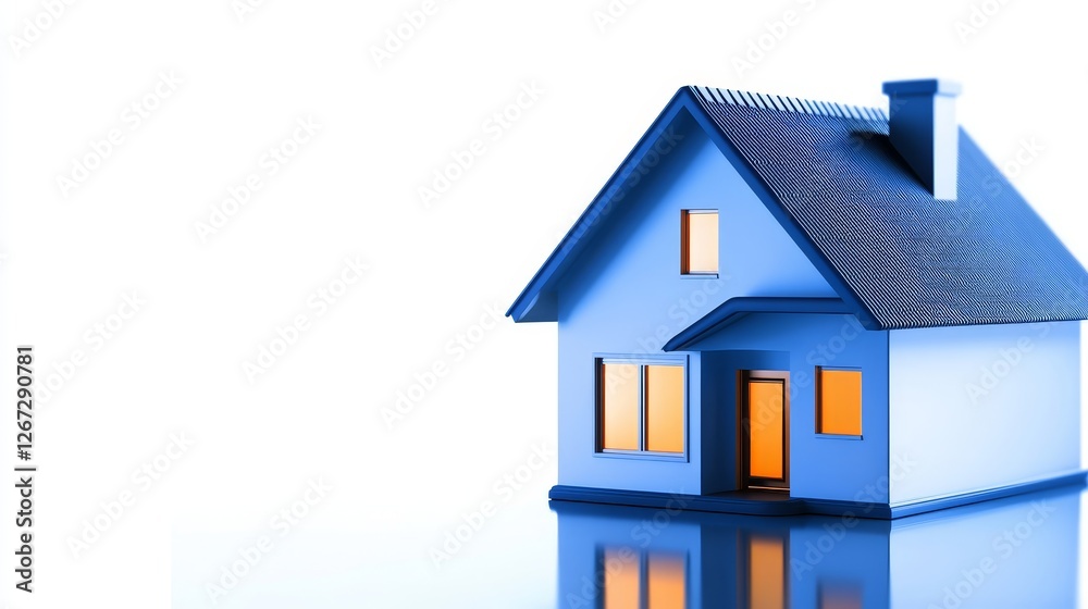 A modern blue house with glowing windows on a reflective surface, symbolizing warmth and comfort A modern blue house with glowing windows on a reflective surface, symbolizing warmth and comfort
