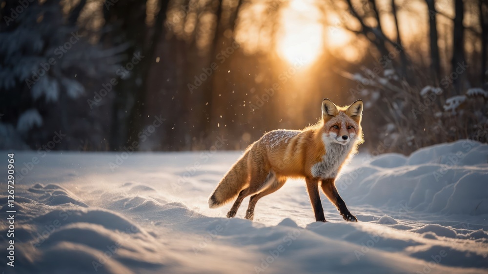 A red fox walks through a snowy landscape at sunset, creating a serene winter scene. A red fox walks through a snowy landscape at sunset, creating a serene winter scene.