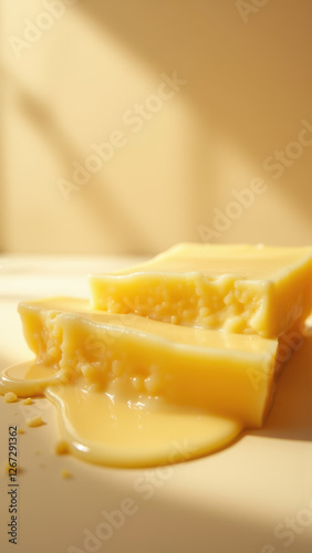 A slice of pie with melted cheese on a yellow surface, suggesting comfort food.