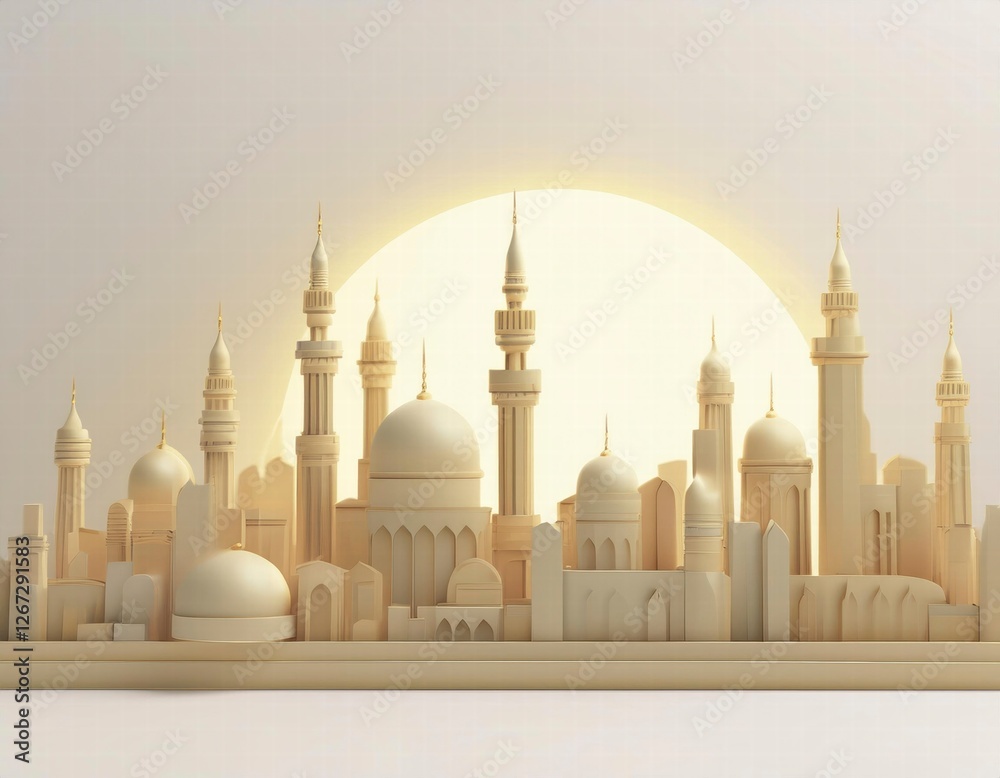 Obraz premium 3D serene cityscape of mosques and minarets bathed in the warm glow of a rising sun