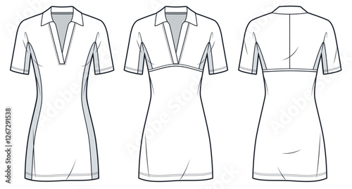 Jersey mini Dress Technical Fasion Illustration. Polo Dress fashion flat technical drawing template, v neck, short sleeves, pensil, slim fit, front and back view, white, women CAD mockup set.