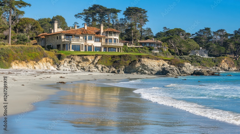 Obraz premium luxurious beachfront mansion in scenic coastal setting