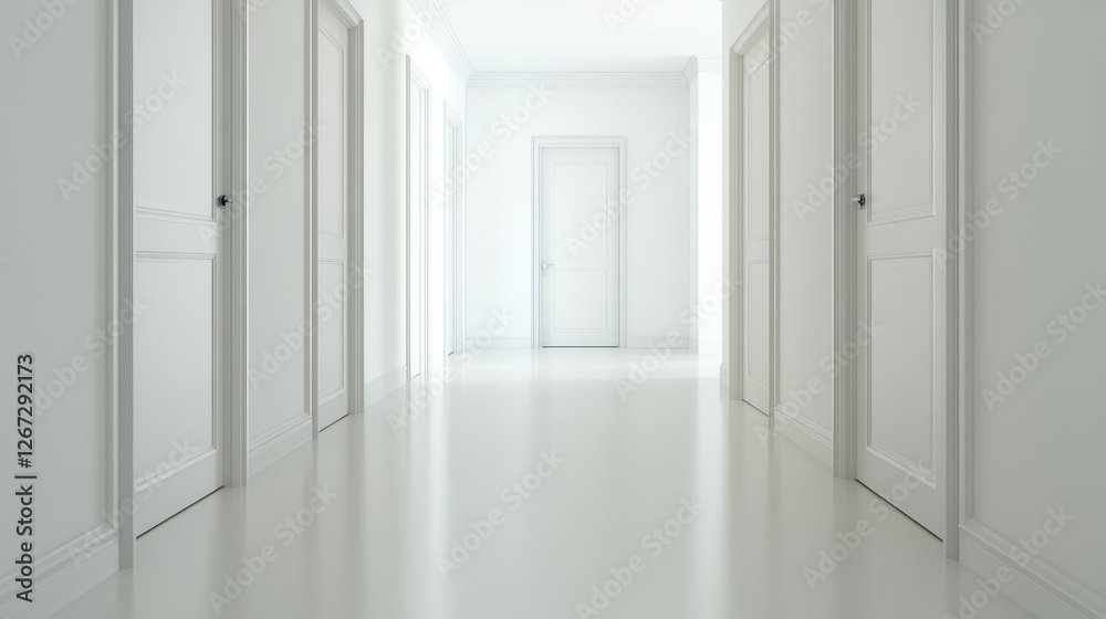 Bright and minimalistic hallway with white walls and doors leading to an open door at the end Bright and minimalistic hallway with white walls and doors leading to an open door at the end