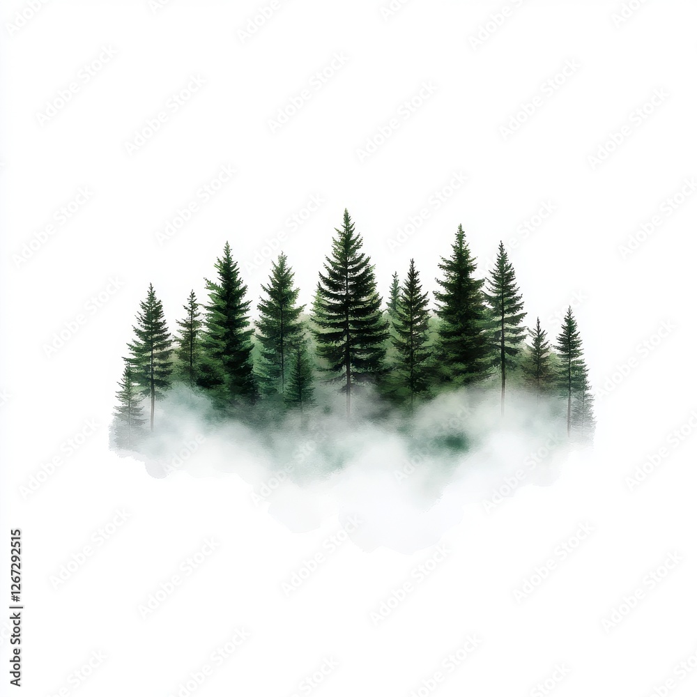 Fototapeta premium Misty Evergreen Forest in White Background