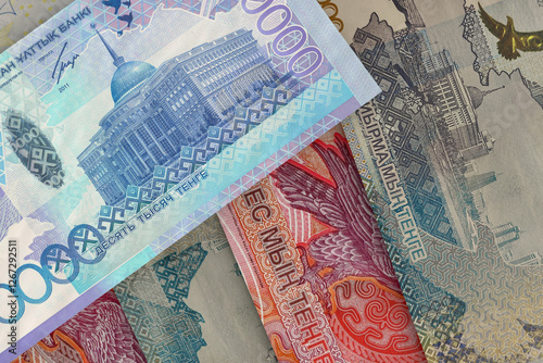Kazakhstani tenge banknotes. Currency market. Financial concept