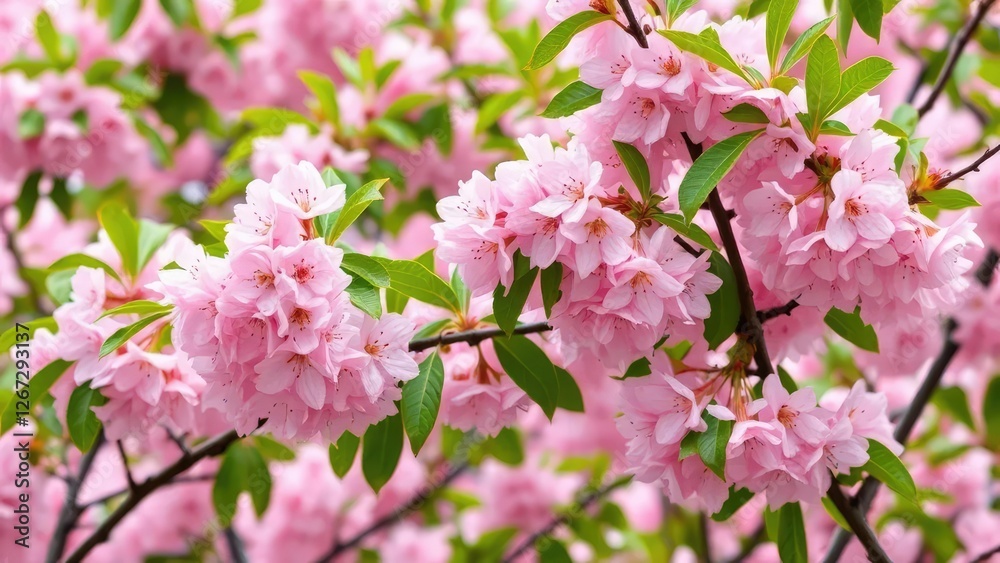 Pink cherry blossoms against a backdrop of lush green leaves, blossoms, nature, landscape Pink cherry blossoms against a backdrop of lush green leaves, blossoms, nature, landscape
