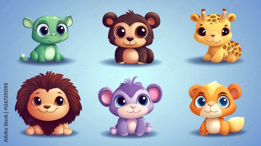 Obraz premium Cute baby animals portraits turtle, bear, giraffe, lion, monkey, tiger for kid illustrations