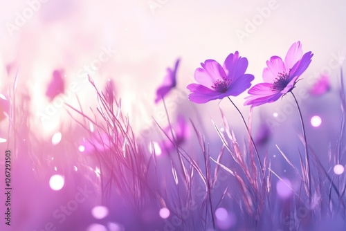 Vibrant Spring Landscape: Colorful Flowers and Grass with Bokeh Effect in Bright Sunny Day