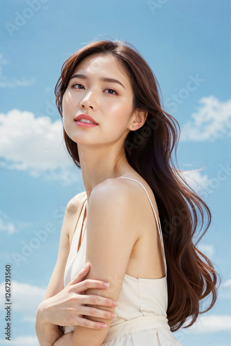 A woman with long brown hair is standing in front of a blue sky