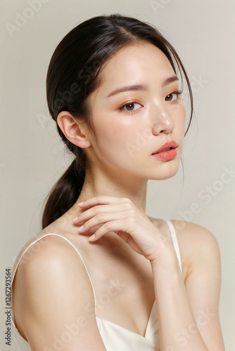 A woman with long dark hair and a white tank top poses for a picture