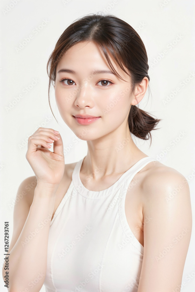 A woman with a white tank top and a ponytail A woman with a white tank top and a ponytail