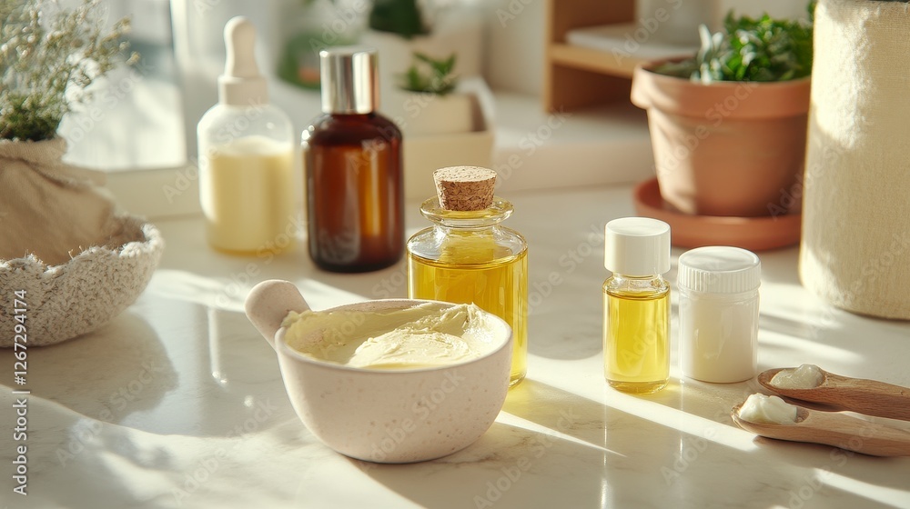 Natural Skincare Products in Sunlight on Marble Natural Skincare Products in Sunlight on Marble