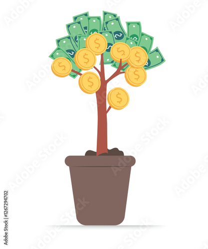 Money tree with coins banknotes flat potted plant stock illustration