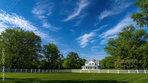White Farmhouse, Sunny Day, Green Lawn, Countryside photo