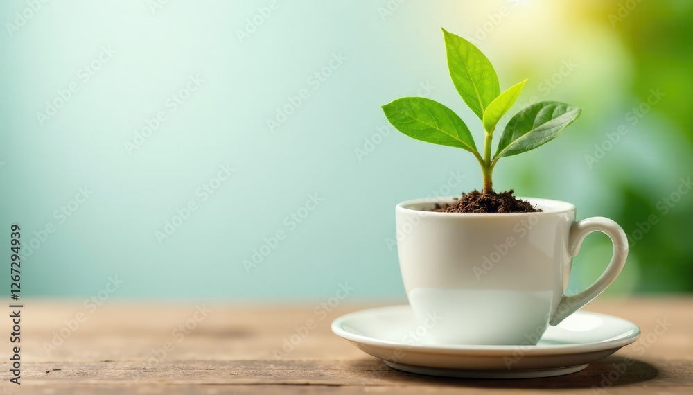Plant with roots in a milk cup on a wooden table, plant, milk Plant with roots in a milk cup on a wooden table, plant, milk