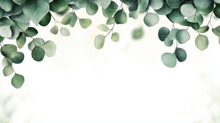 Green leaves on white background. Frame of green eucalyptus leaves with border of green. A minimalistic card with a design for a wedding invitation. Verdant foliage set against lifestyle a white.