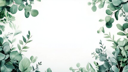 Green leaves on white background. Frame of green eucalyptus leaves with border of green. A minimalistic card with a design for a wedding invitation. Verdant foliage set lifestyle against a white.