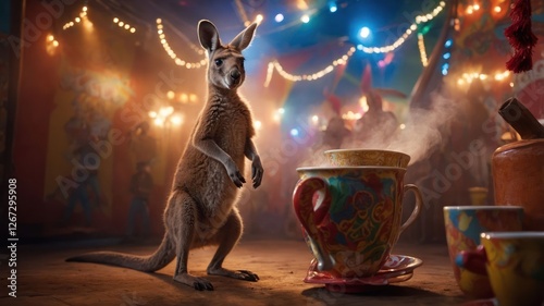 A kangaroo stands beside a steaming cup in a vibrant, festive atmosphere. photo