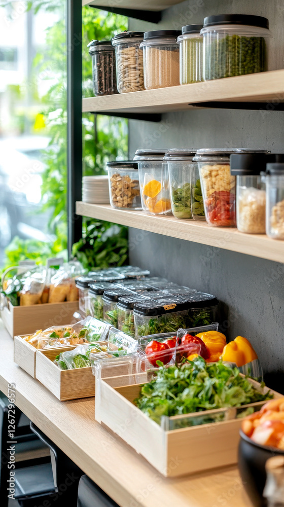 A modern shelf displays colorful ingredients in clear containers, emphasizing freshness and organization in a vibrant, healthy food setting. A modern shelf displays colorful ingredients in clear containers, emphasizing freshness and organization in a vibrant, healthy food setting.