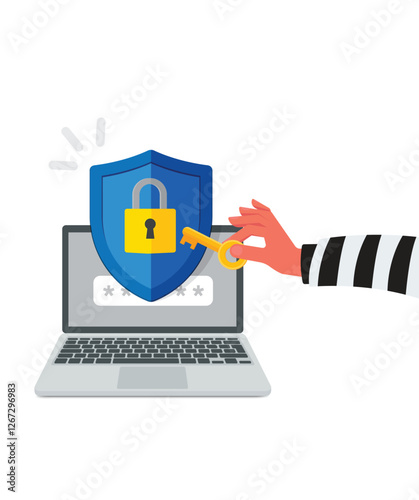 Hacker try to unlock laptop stock illustration