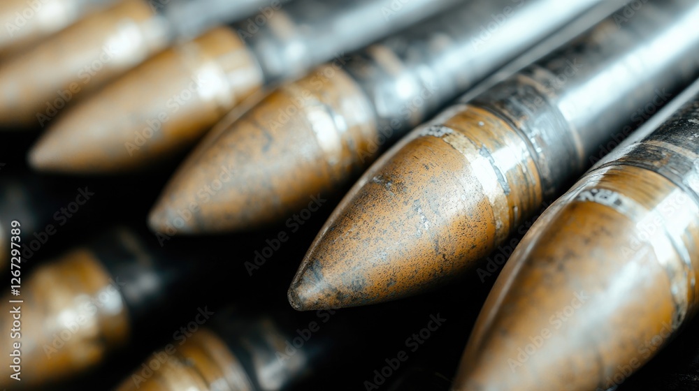 Close-up of ammunition rounds, military storage Close-up of ammunition rounds, military storage