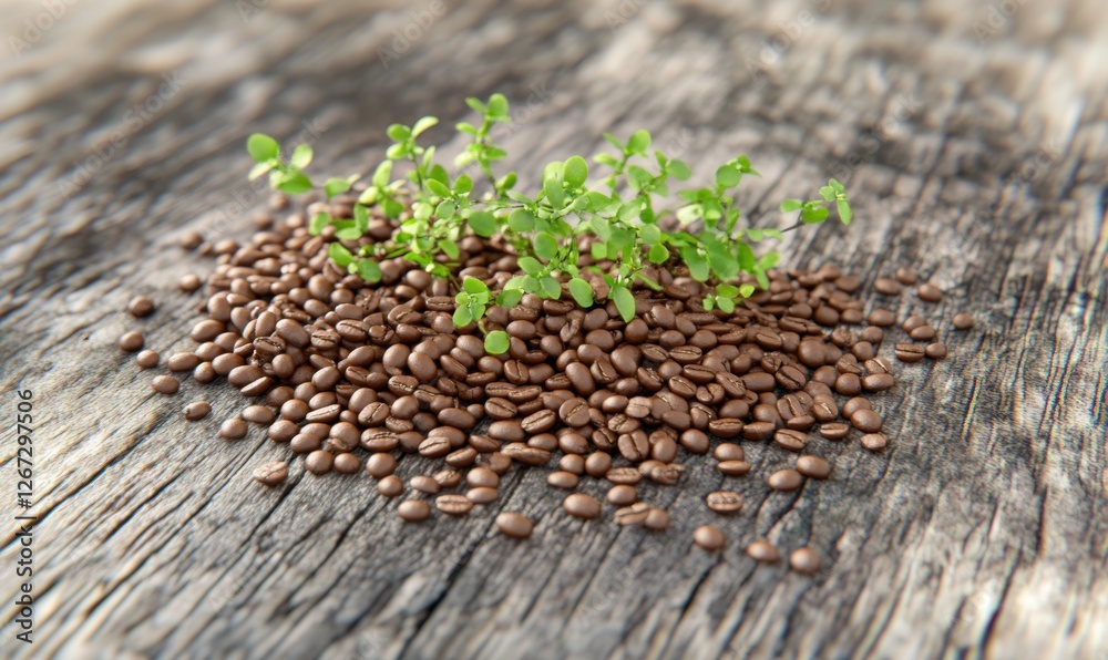 A close-up view of sprouting seeds on a rustic wooden surface, showcasing growth and renewal A close-up view of sprouting seeds on a rustic wooden surface, showcasing growth and renewal